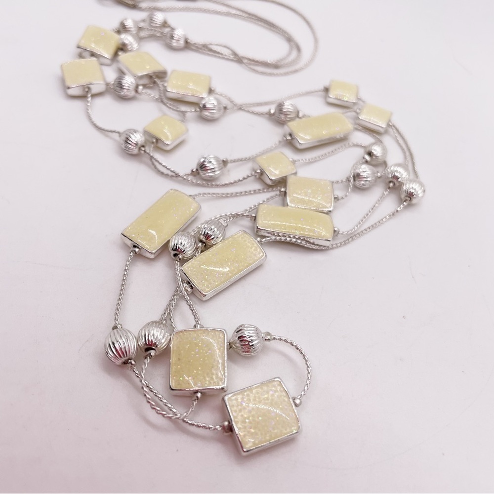 Double Strand Silver Tone Necklace Ivory Colored Rectangle Beads